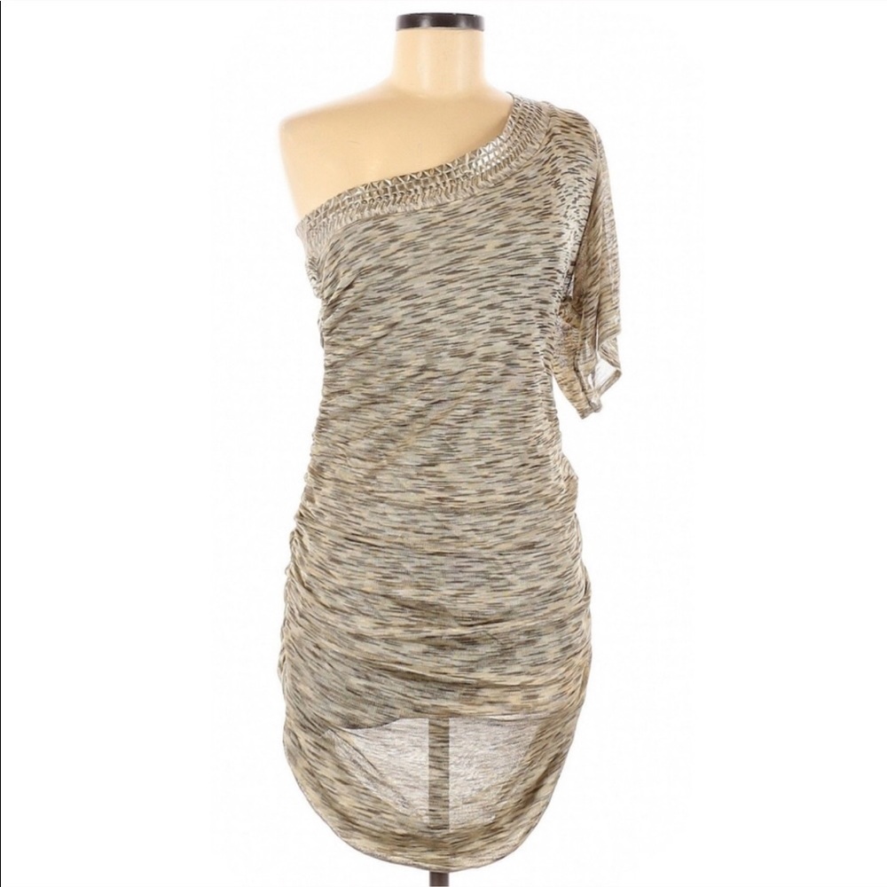 BEBE - One Shoulder Ruched Gold Studded Mini Dress